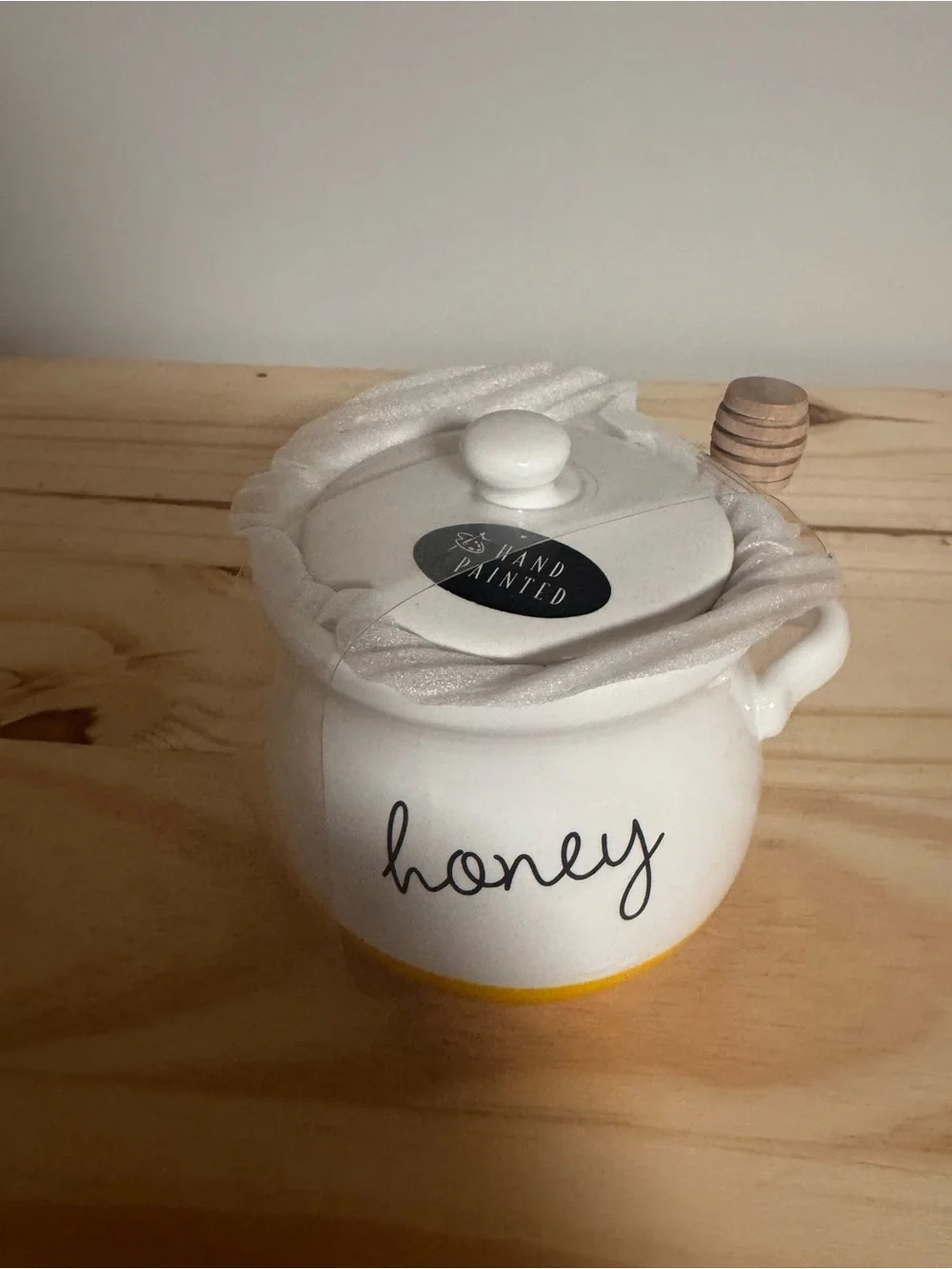 Hand-Painted Ceramic Honey Jar with Lid & Dipper — White with Yellow Accent